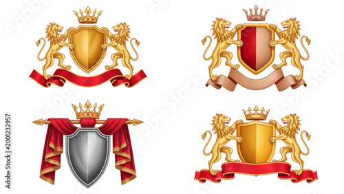 Fényképezés Four vintage royal coat of arms with lion and unicorn emblems in red and gold Ve