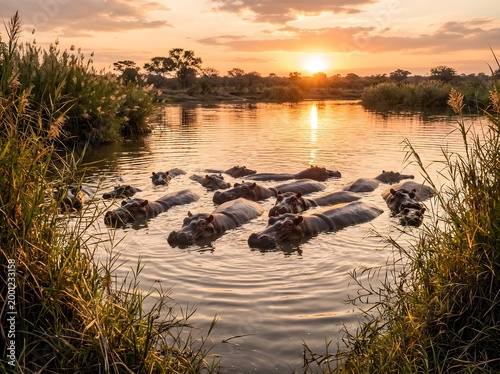 Hippos wading in shallow river at sunset with golden light