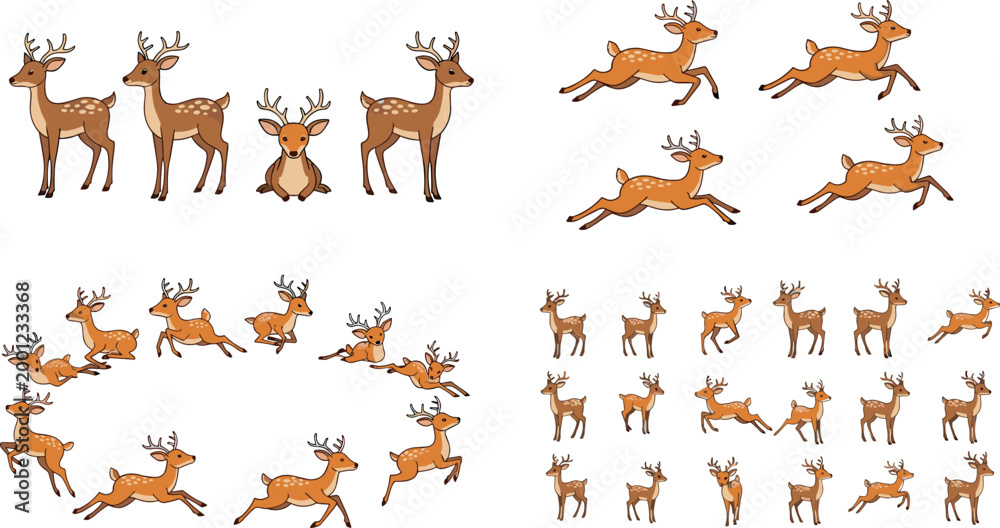 Fototapeta premium Set of Playful Reindeer Illustrations in Different Poses, Featuring Adult and Baby Reindeer with Antlers, Ideal for Christmas and Winter Themes