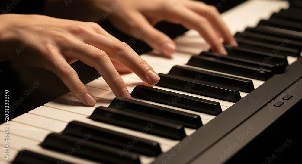 Fototapeta premium Person Playing Piano Keyboard, Music Practice and Creative Expression Concept