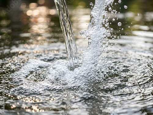 Water stream splashing into clear pond with sunlight reflection