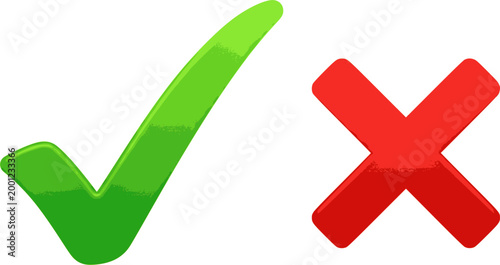 A vibrant illustration depicts a green checkmark positioned beside a bold red x representing approval and disapproval high quality
