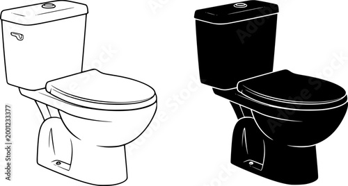 Two toilet designs one outlined and one solid black presenting a contrasting view silhouette
