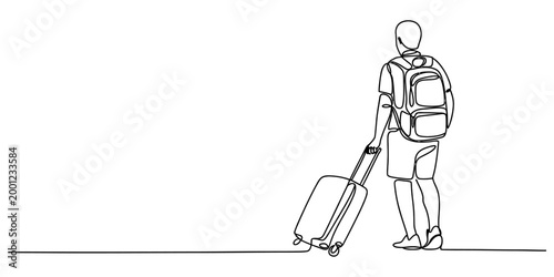 Continuous single line drawing of a man walking with a backpack and a rolling suitcase for travel and tourism concept