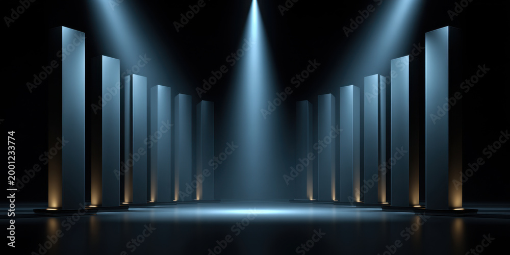 Fototapeta premium Futuristic stage with glowing vertical columns and spotlight beams on dark reflective floor, modern concert platform in blue light