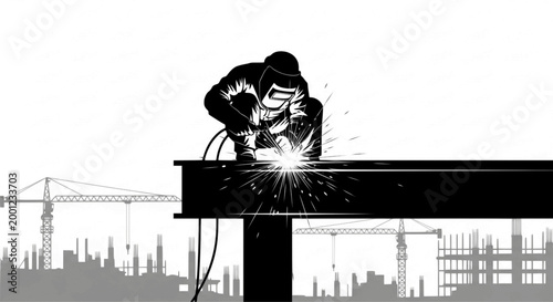 A construction worker welds a steel beam against a cityscape backdrop showcasing industrial progress in a striking silhouette
