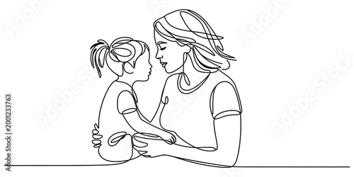Continuous single line drawing of a loving mother holding her little daughter looking at each other with affection in a simple minimalist art style