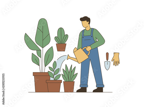 Illustration of a male gardener watering indoor potted plants with a yellow watering can.