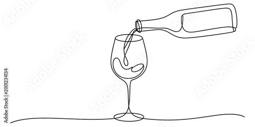 Continuous single line drawing of a wine bottle pouring red wine into a glass for a simple minimalist restaurant menu or bar drink advertisement design
