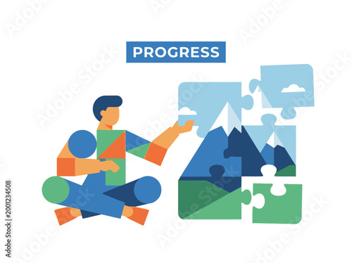 A person sitting and completing a mountain landscape puzzle representing progress.