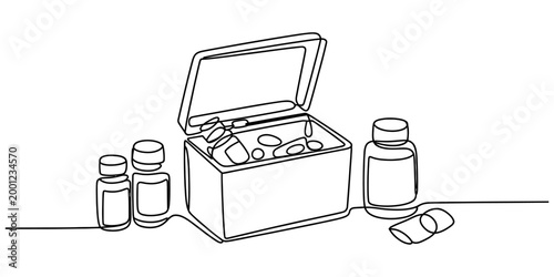 Continuous one line drawing of a medical first aid kit box with medicine bottles and pills for healthcare or pharmacy concept design