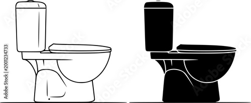 Two toilet designs one outlined and one solid black presenting a contrasting view silhouette
