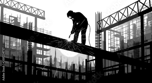 A construction worker welds a steel beam against a cityscape backdrop showcasing industrial progress in a striking silhouette

