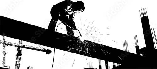 A construction worker welds a steel beam against a cityscape backdrop showcasing industrial progress in a striking silhouette
