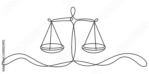 Continuous single line drawing of a justice scale symbol representing law and legal balance for lawyers and court concept art vector illustration
