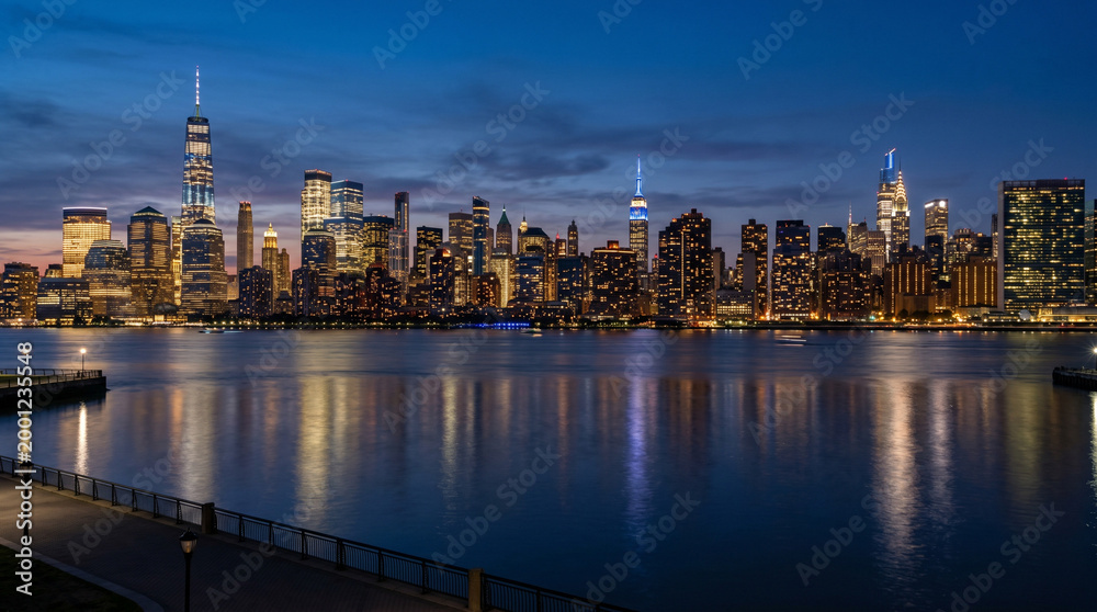 Naklejka premium New York City skyline at dusk with waterfront view