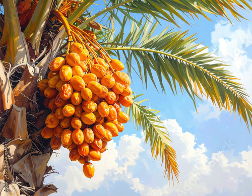 Ripe Dates Hanging from a Lush Palm Tree