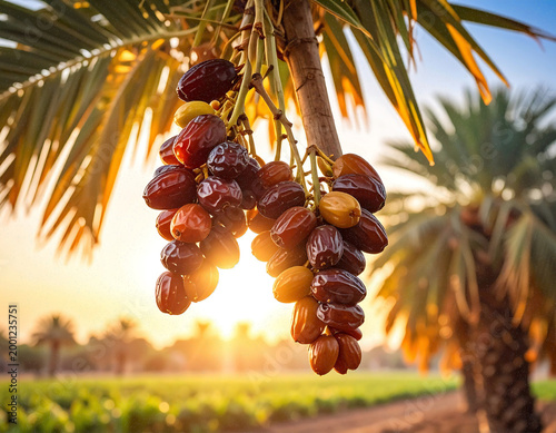 Ripe Dates Hanging from a Lush Palm Tree