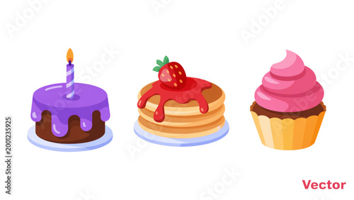 Delicious colorful desserts with candles on plates illustration Vector