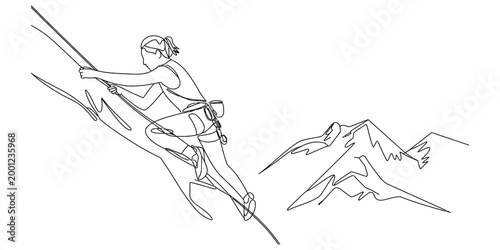 Continuous line drawing of a woman rock climbing a steep mountain peak with gear and ropes for extreme outdoor adventure sports and active lifestyle