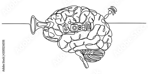 Continuous single line drawing of human brain with digital computer microchip and tech components inside as a symbol of artificial intelligence concept