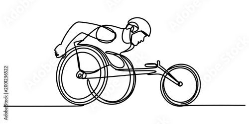 Continuous single line drawing of a professional athlete racing in a sport wheelchair for track and field competition events in black and white style