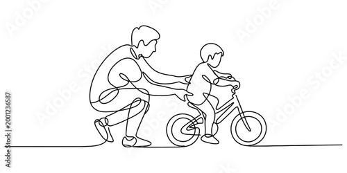 Father teaching his little son how to ride a bicycle in a continuous single line drawing style