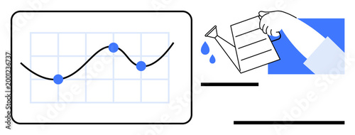 Business growth, data visualization, analytics, sustainability, investment strategy, nurturing ideas. Graph with data points and a hand watering a sheet. Business growth and data visualization