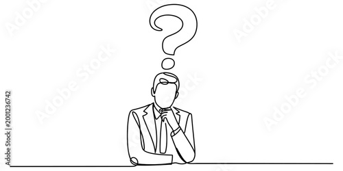 Continuous line drawing of a businessman thinking with a question mark symbol above his head representing uncertainty and confusion in business