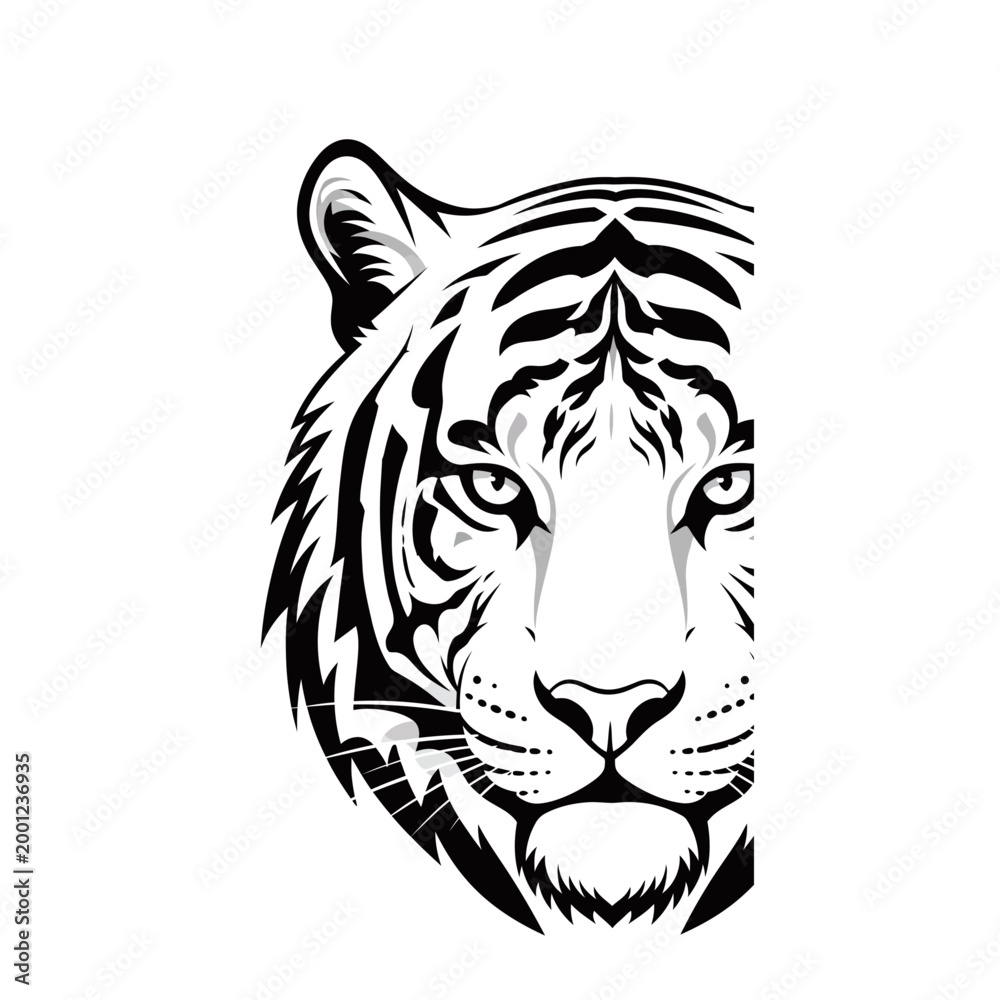 Fototapeta premium A striking black and white illustration of a tiger's face, focusing on its intense eyes and distinctive stripes.