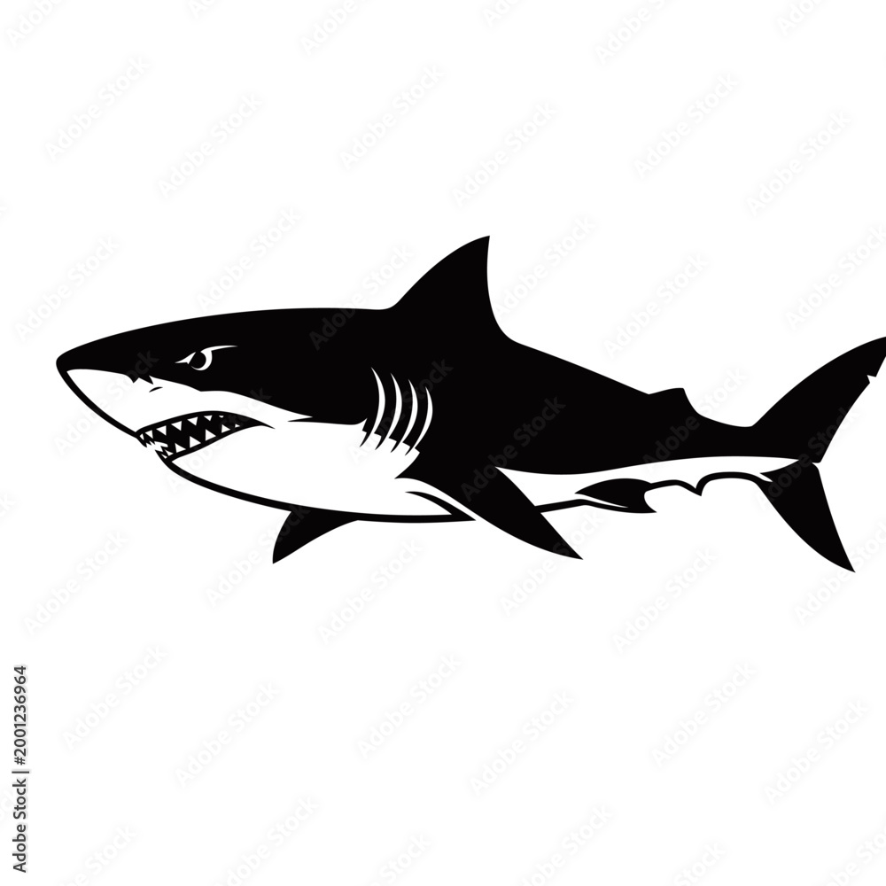 Obraz premium A menacing black and white illustration of a great white shark with sharp teeth bared.