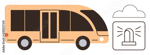 Public safety, transportation, emergency response, technology integration, smart cities, urban planning. A bus beside an alert icon under a cloud. Public safety and transportation concept