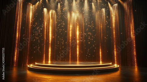 Empty circular illuminated podium on a dark stage with vertical golden sparkling curtains, falling glitter and dramatic overhead spotlights evoking a glamorous celebratory atmosphere