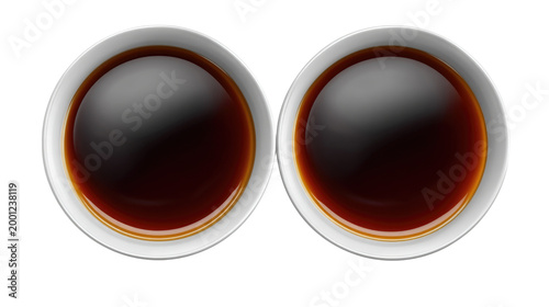 Two Small Cups with Dark Coffee on White Background, Close-Up View Suitable for Food and Beverage Themes