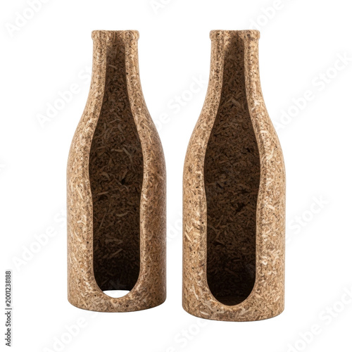 Two Rustic Wood Chip Bottle Shaped Vases Standing on Transparent Background
