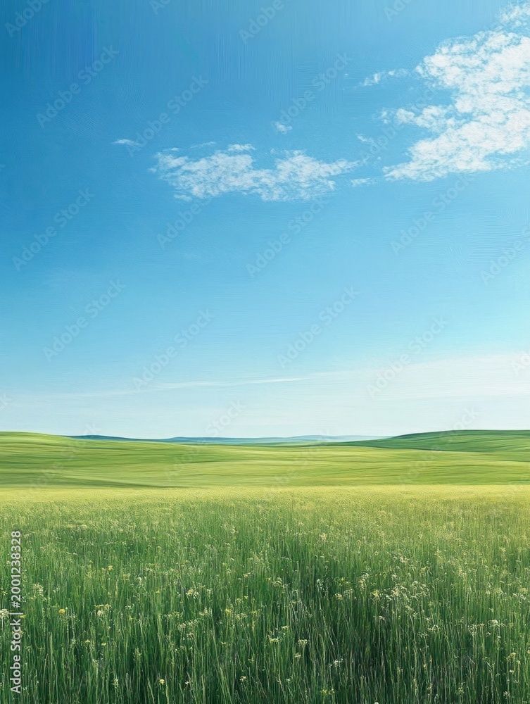 Obraz premium Vast sunlit meadow of tall green grass and small wildflowers, gentle rolling hills on the horizon beneath a bright blue sky with wispy clouds, calm and peaceful atmosphere