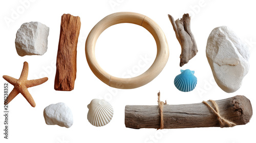 Natural Elements and Textures for Creative Projects with Seashells, Driftwood, and Stones in Neutral Tones