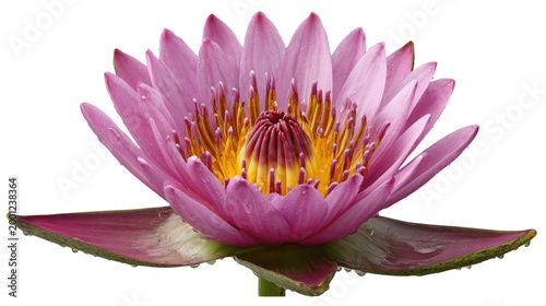 Beautiful pink water lily in full bloom with vibrant yellow center on a tranquil pond surface