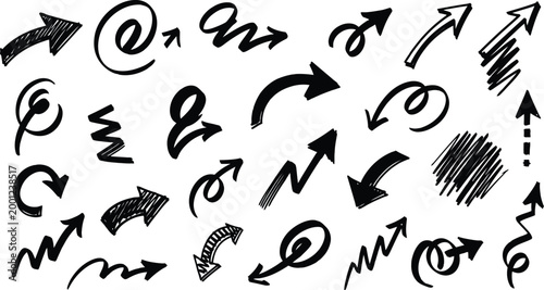 Hand-drawn arrows, sketch marks, doodle symbols, curved lines, spiral arrows, creative vector illustration design