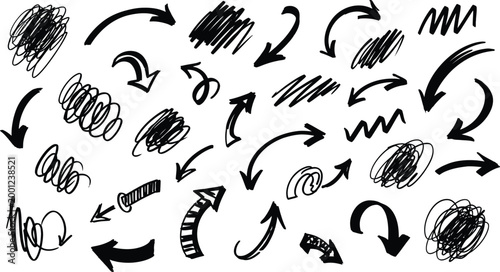 Hand-drawn arrows, sketch doodles, zigzag lines, spiral curves, abstract scribbles, creative vector illustration design