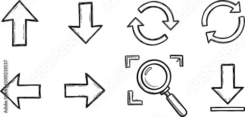 Hand-drawn arrows, sketch icons, doodle symbols, download signs, refresh loops, magnifying glass vector illustration
