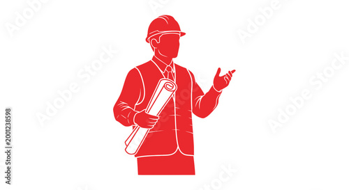 Construction Worker Holding Plans and Gesturing.