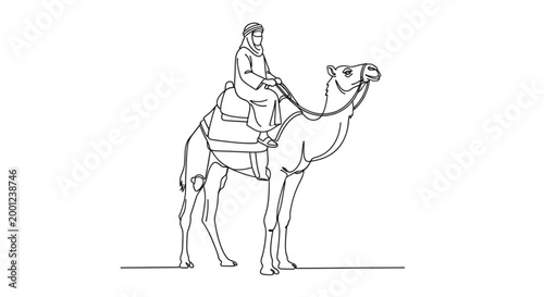 Canvas-taulu Line Art Illustration of a Person Riding a Camel in the Desert, Depicting Tradit