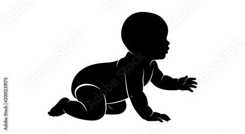 Silhouette of a baby crawling on a white background, representing early childhood development and movement
