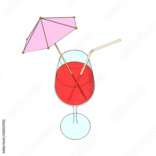 Cocktail Luxury Elegance Wine Glass with Wine, Straw and Umbrella on White Background. Vector Illustration.