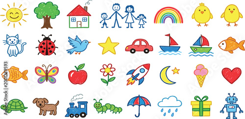 Colorful children hand drawn crayon doodle icon set featuring family animals nature transportation toys and cute school elements for kids creative projects and education.
