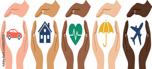 Diverse hands protecting car home health umbrella and travel icons representing inclusive insurance coverage security and community support for a variety of people and families.