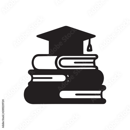 Minimalist black and white vector illustration of a graduation cap sitting on a stack of books. Academic success and education symbol icon.
