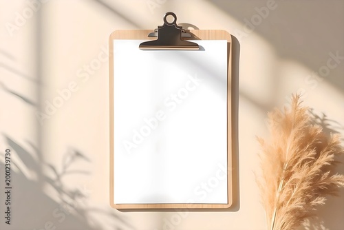 Blank white paper sheet mockup on wooden clipboard minimalist flat lay workspace, beige and earthy home decor office