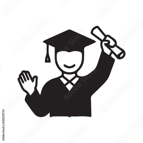 Happy graduate student vector icon. Man in graduation cap and gown holding a diploma scroll. Symbol of academic achievement and university success.

